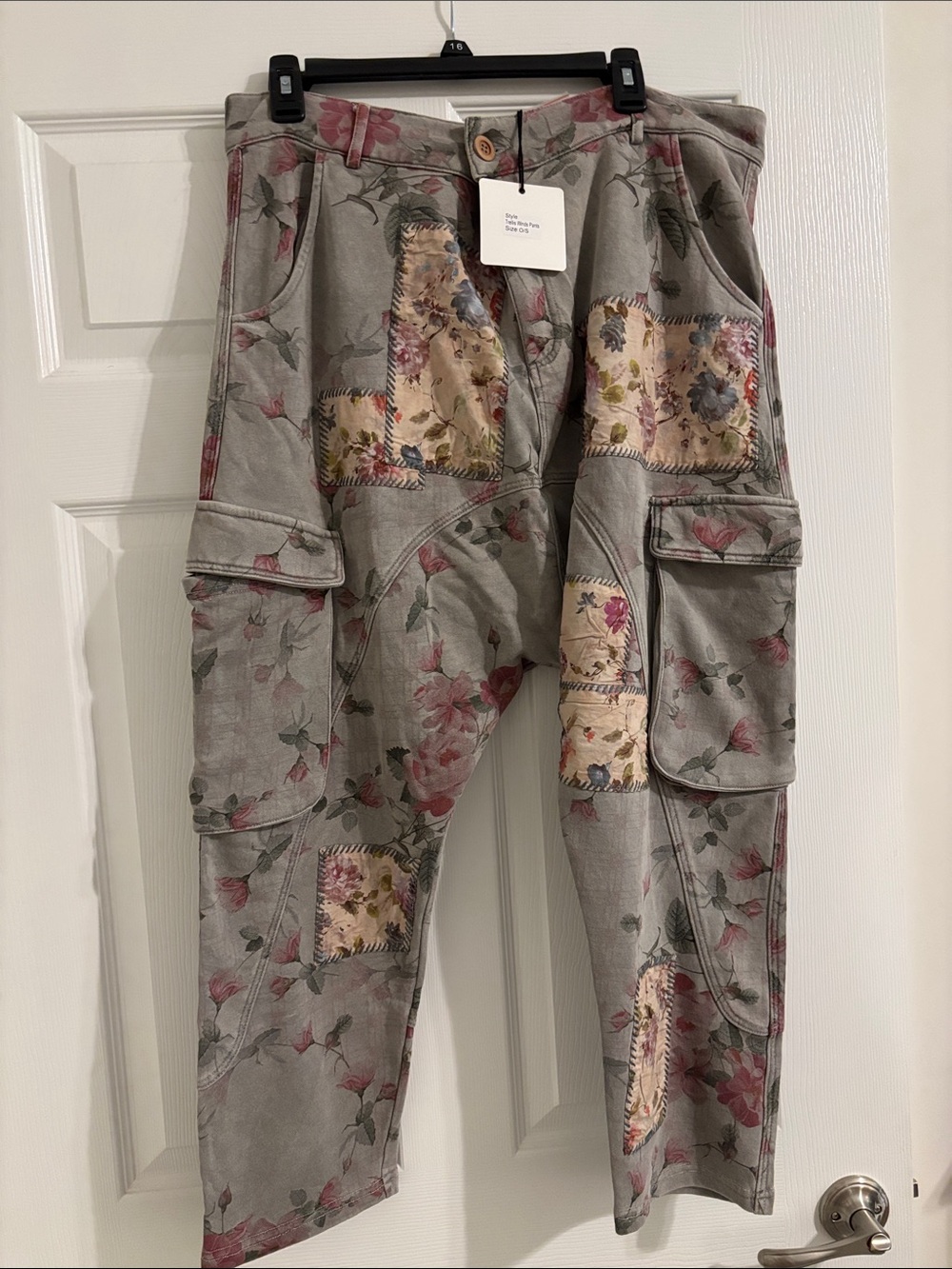 Floral Patchwork Cargo Pants - Gray with Pink Floral Accents